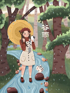 女孩撑伞漫步森林小溪间