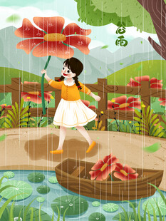 女孩撑伞漫步田园花径