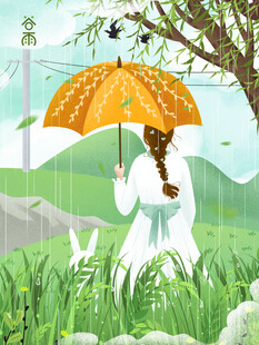 雨中撑伞漫步的白衣女子