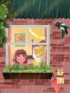 雨中窗边女孩与飞翔小鸟