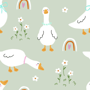 可爱鹅群与花卉彩虹图案