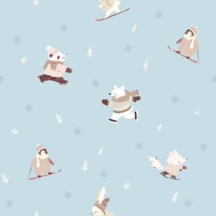 可爱动物雪地滑雪图案