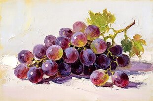 静物油画 紫葡萄与绿叶