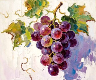 油画绘紫葡萄枝叶图