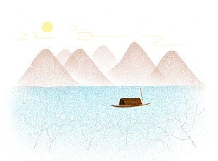 孤舟泛于山水间