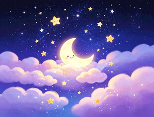 梦幻星空下的月亮与云朵