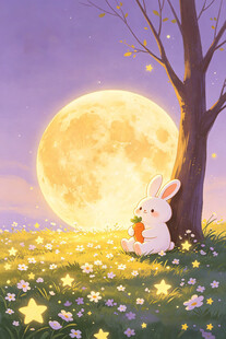 月夜下的白兔与梦幻花海