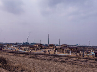 乡村田野中的低矮房屋群