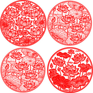 圆形红色花卉剪纸图案