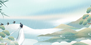 水墨山水间的飞鸟景致