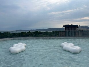 水上漂浮物与远处建筑景观