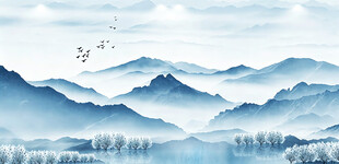 水墨山水间飞鸟伴群山