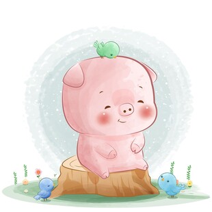 可爱小猪坐在树桩上