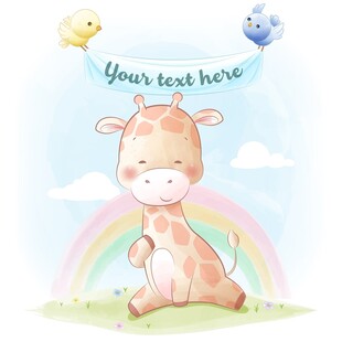 可爱长颈鹿与彩虹小鸟