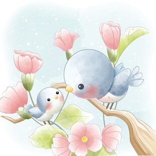 枝头双鸟伴花温馨画面