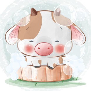 可爱小牛在木桶中泡澡