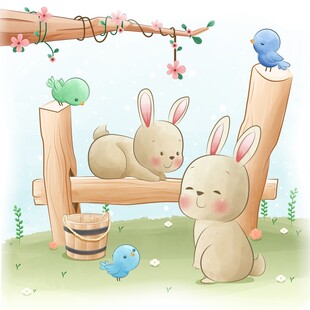 可爱兔子在木架旁玩耍