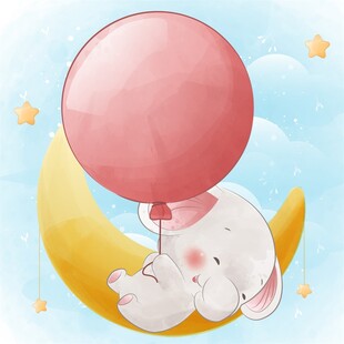 月亮上的萌象与粉色气球