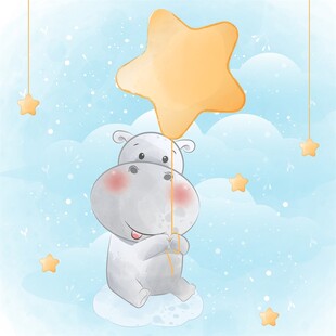 河马手持星星气球在云端