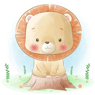可爱小狮子坐于树桩旁