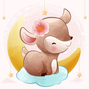 可爱小鹿坐于云朵月亮间