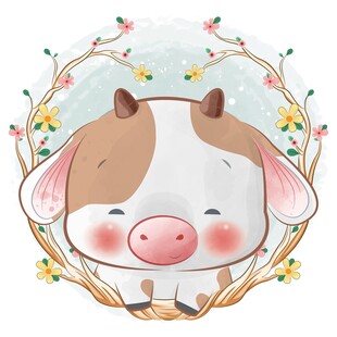 可爱小牛花环插画