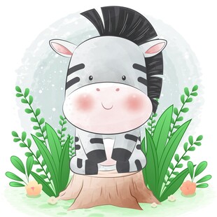可爱斑马坐在树桩旁