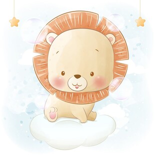 可爱小狮子坐在云朵上