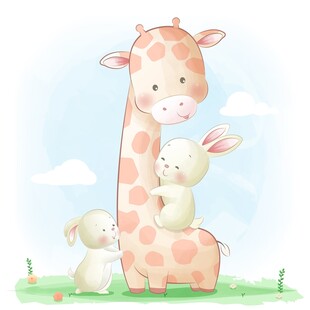 长颈鹿与兔子的温馨画面