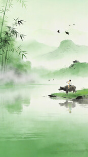 水墨山水间的悠然泛舟景