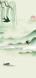 水墨山水间的悠然泛舟景