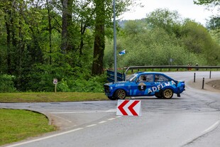 蓝色轿车在林间道路行驶
