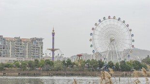 城市湖畔的摩天轮景观