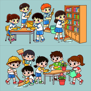 小学生幼儿园打扫卫生矢量素材