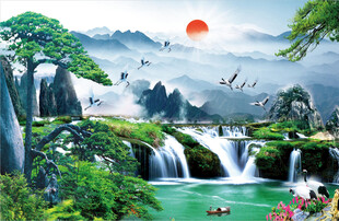 迎门墙山水画迎客松