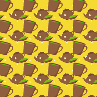 黄色背景的茶杯茶壶图案