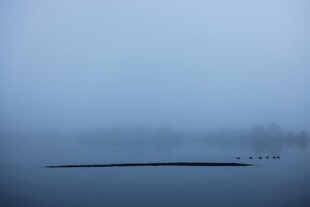 雾霭中的宁静湖面