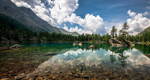 美丽湖景与蓝天白云相映