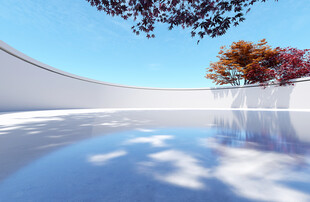 中式院落天空倒影于静谧水面