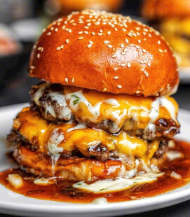 美味多层芝士牛肉汉堡
