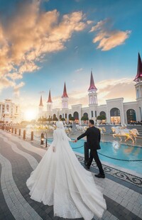 夕阳下的浪漫新婚夫妇
