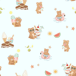 可爱小熊夏日元素无缝图案