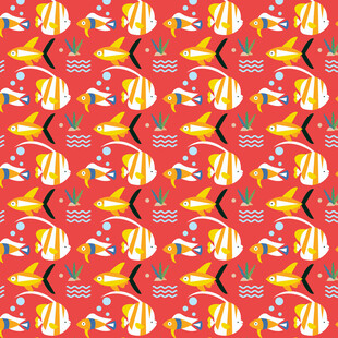 红色背景多彩鱼图案纹样