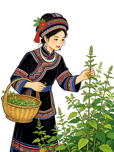 苗族女子药园采药图
