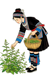 苗族女子采摘草药场景