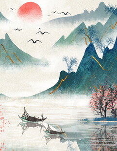 水墨山水间的悠然泛舟景