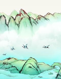 水墨山水间飞鸟翱翔