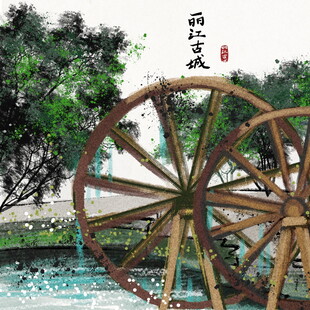 古朴水车静立自然之景