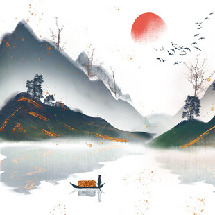 水墨山水间的孤舟泛江