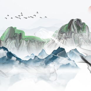 水墨山水间飞鸟翱翔图景